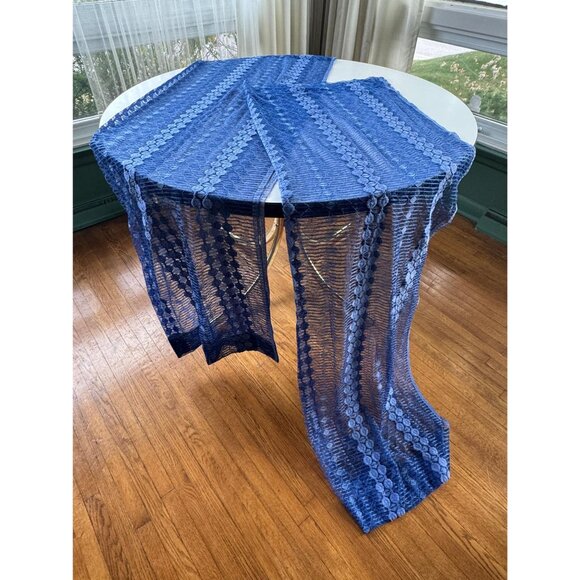 Vintage 70s curtains, groovy navy blue stripes, net woven panels, as a pair - Picture 6 of 10